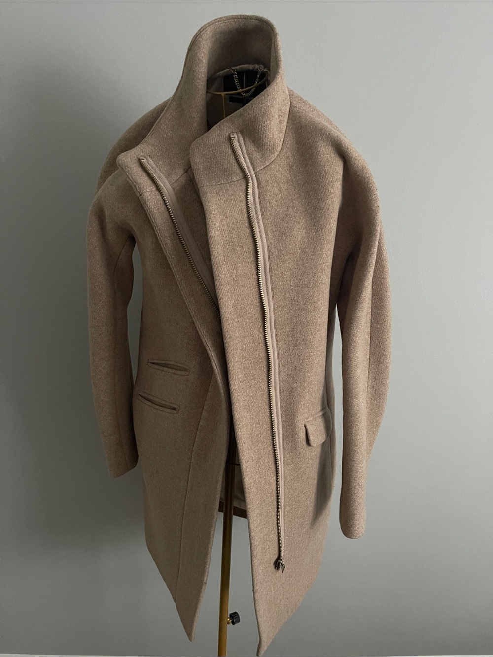 J. Crew Taupe Wool Blend Asymmetric Zip Pea Coat